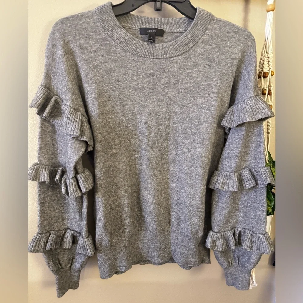 J Crew Womens Gray Crewneck Rib Trim‎ Wool Blend Long Ruffle Sleeve Sweater XS